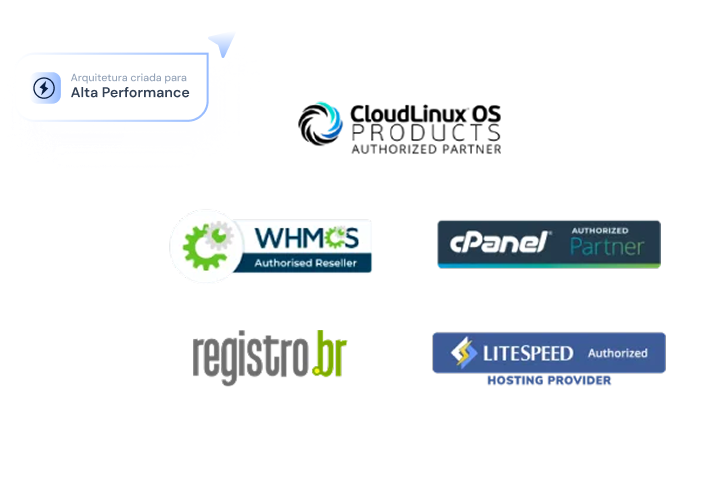 Imagem com logotipos de parceiros autorizados: CloudLinux OS, WHMCS, cPanel, registro.br e LiteSpeed.