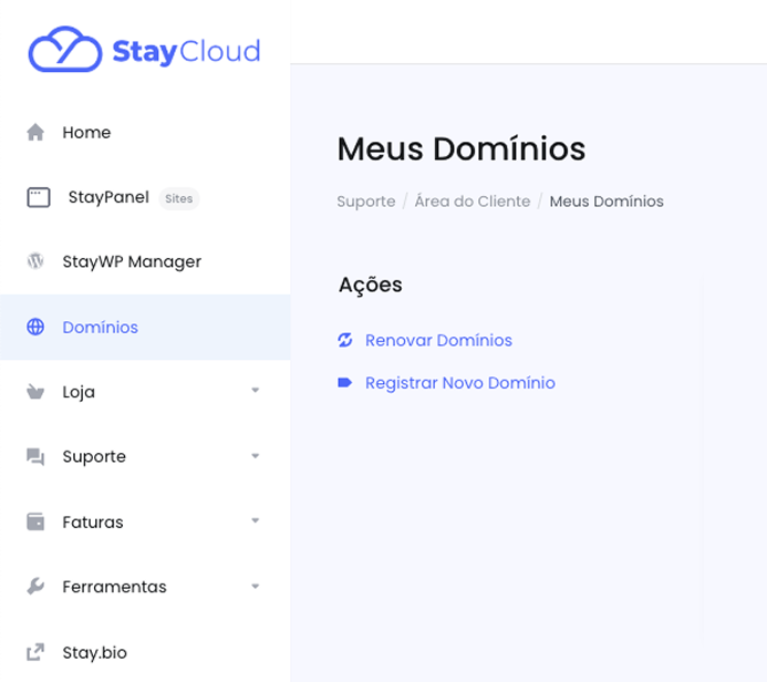 Página de meus domínios no site da Stay Cloud
