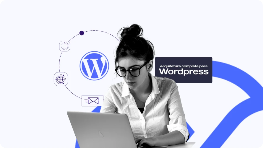 Montagem com algumas imagens e a frente, mulher utilizando um notebook