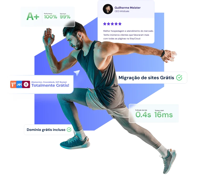 Montagem com diversos elementos e ao centro, homem em pose de corrida
